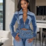 VOIKERDR Denim Two Piece Outfits for Women Long Sleeve Cropped Jacket and Jeans Set