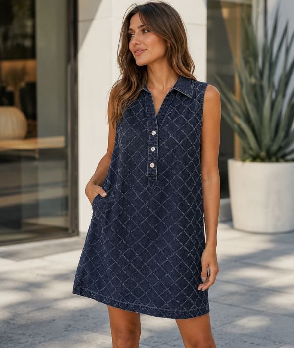 Dokotoo Denim Dress for Women Summer Casual Sleeveless V Neck Button Mini Jean Dress with Pockets