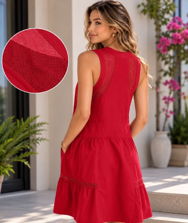 Fisoew Women's Sleeveless Tank Mini Dress Casual Half Zip V Neck Loose Mesh Back Utility Summer Dress with Pockets