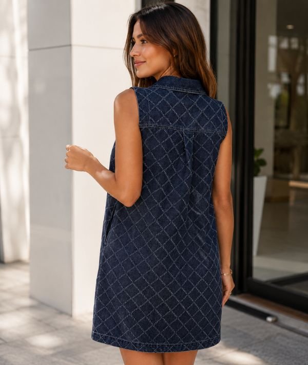 Dokotoo Denim Dress for Women Summer Casual Sleeveless V Neck Button Mini Jean Dress with Pockets