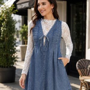 Women's Denim Mini Dress V Neck Sleeveless Pleated Flowy Overall Dress
