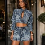 Elainone 2 Piece Denim Set for Women Long Sleeve Zipper Jean Jacket