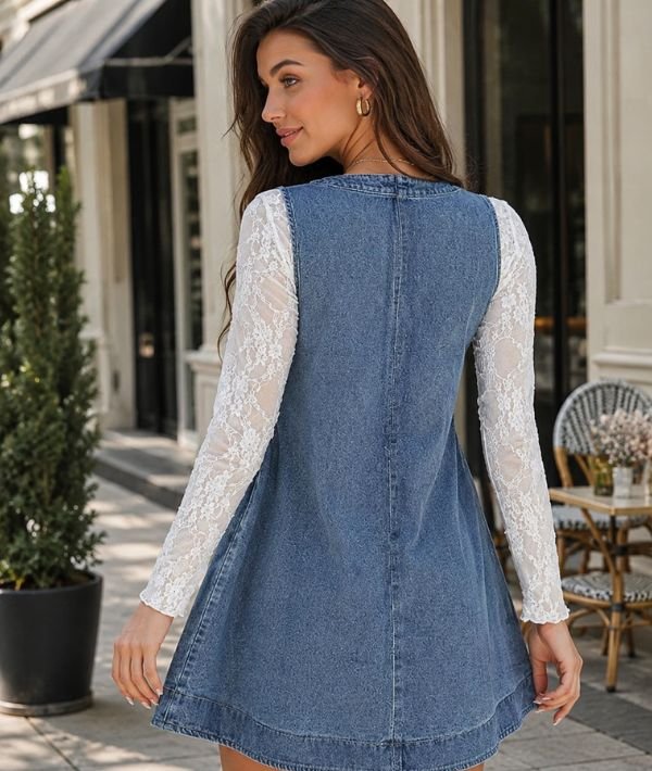 Women's Denim Mini Dress V Neck Sleeveless Pleated Flowy Overall Dress