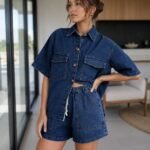 Molilove Women's Denim 2 Piece Outfits Short Sleeve Button Down Shirt Drawstring Shorts Set