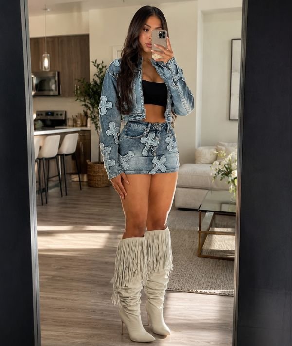 Elainone 2 Piece Denim Set for Women Long Sleeve Zipper Jean Jacket