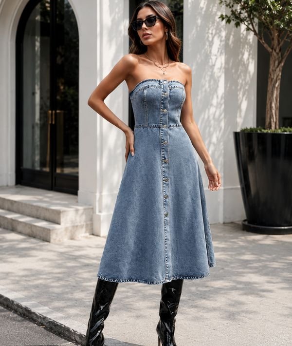 utcoco Women's Stretch Strapless Denim Tube Dress
