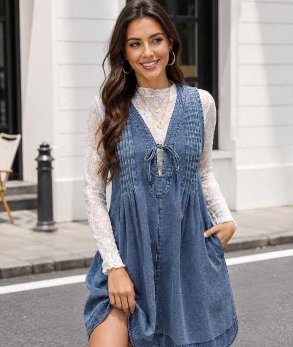 Women's Denim Mini Dress V Neck Sleeveless Pleated Flowy Overall Dress