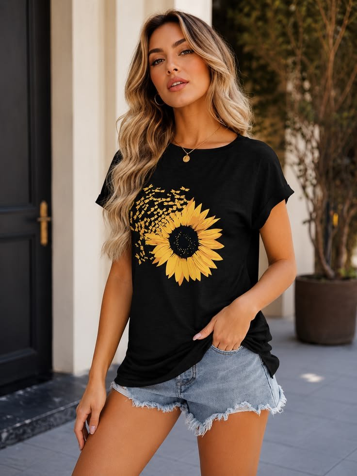 Cicy Bell Women's Sunflower Graphic Tee – Casual Summer Short Sleeve T-Shirt
