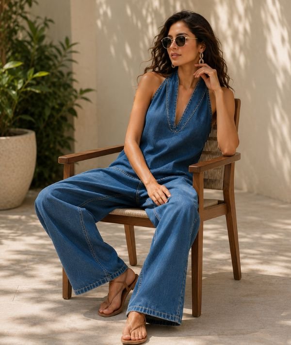 Denim Set for Women: Trendy V-Neck Sleeveless Top & Wide Leg Pants Outfit