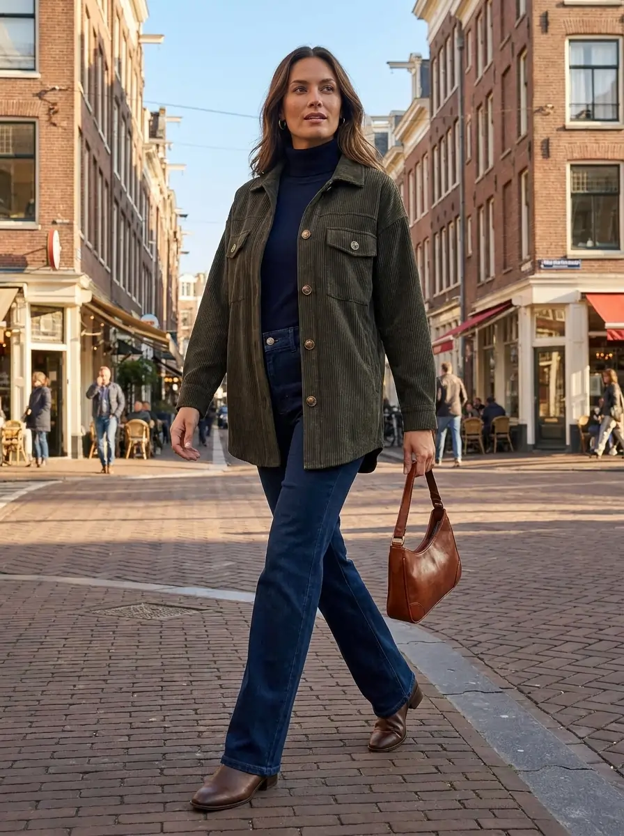 Woman wearing a corduroy button down shacket jacket