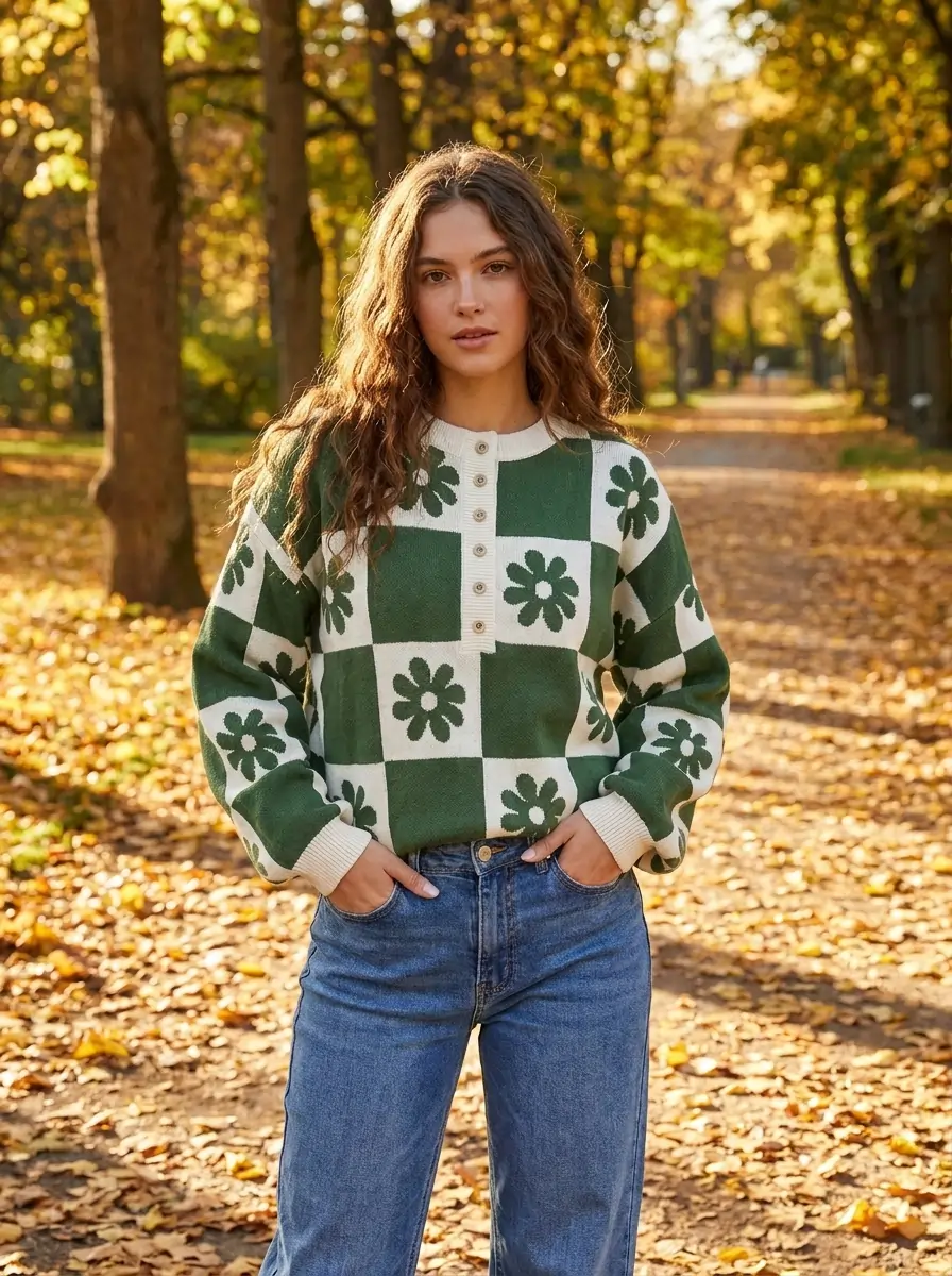 Woman wearing a crewneck floral print pullover sweater