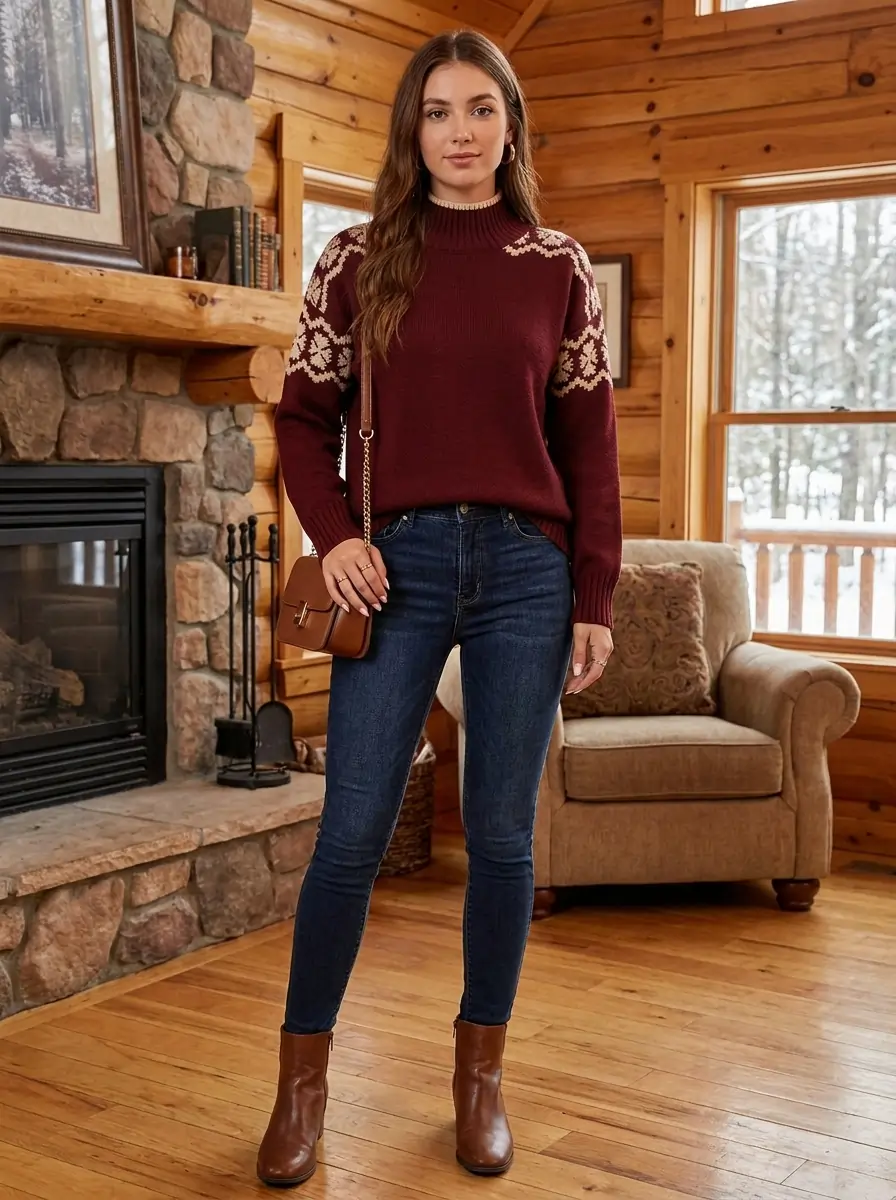 Woman wearing a color block turtleneck knit sweater with snowflake shoulder design