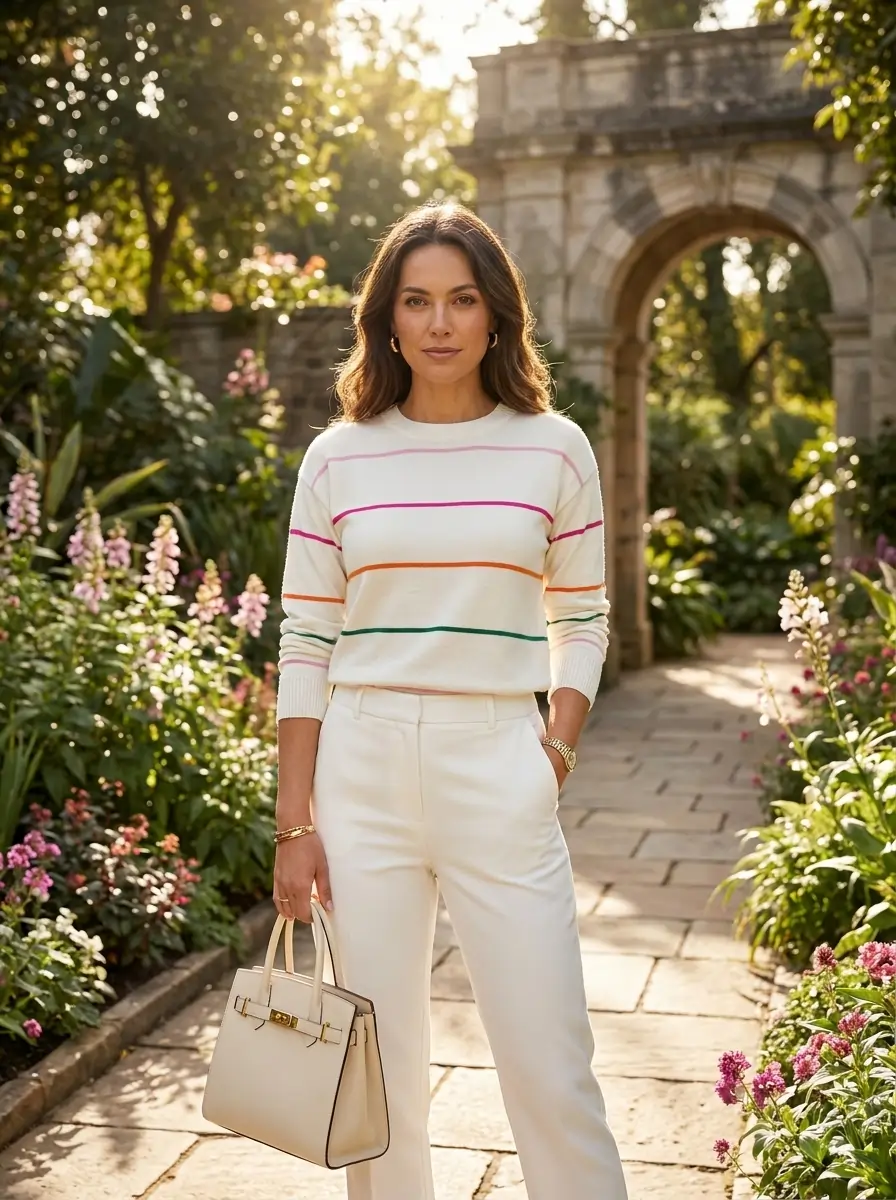 Woman wearing a lightweight striped crewneck sweater