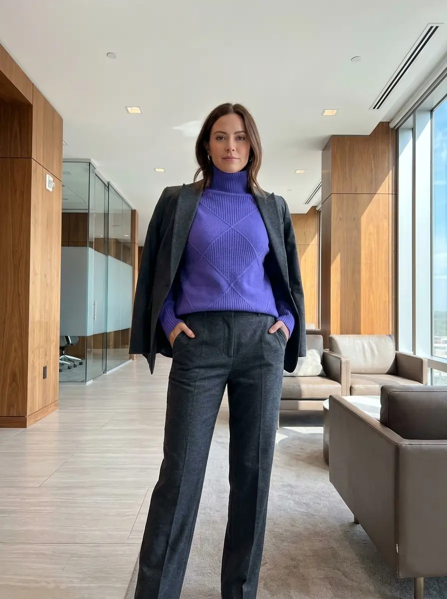 Woman wearing an oversized cable knit turtleneck pullover sweater