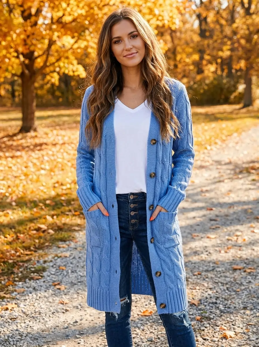 Woman wearing a long cable knit open front cardigan with pockets