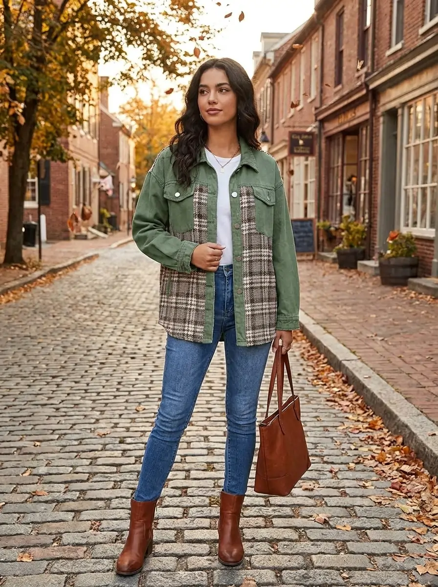 Woman wearing an oversized denim shacket jacket over a casual outfit